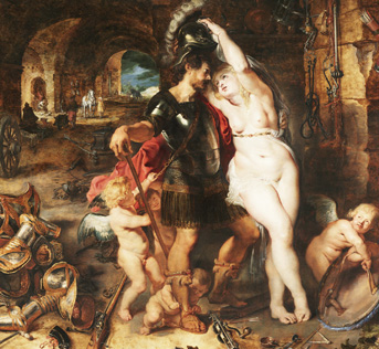 The Return from War: Mars Disarmed by Venus; Peter Paul Rubens (Flemish, 1577 - 1640), and Jan Brueghel the Elder (Flemish, 1568 - 1625); about 1610 - 1612; Oil on panel; 127.3 × 163.5 cm (50 1/8 × 64 3/8 in.); 2000.68
