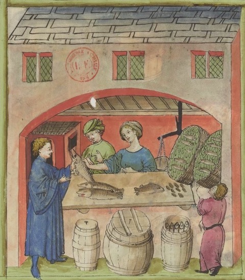 Marchande de poissons, Tacuinum sanitatis, BnF, ms. Lat. 9333