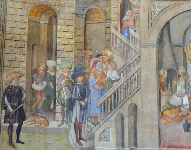 Leonardo da Besozzo, Nativité de la Vierge, détail, Naples, Église de San Giovanni a Carbonara, Chapelle Caracciolo del Sole, première moitié du XVe siècle.