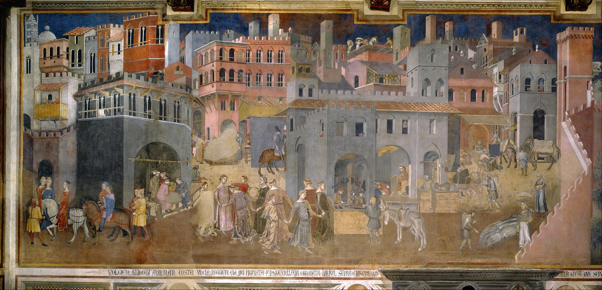 Ambrogio Lorenzetti, Le Bon Gouvernement (Les effets du bon gouvernement dans la ville), Sienne, Palazzo Pubblico, 1338-1339, Public domain, via Wikimedia Commons