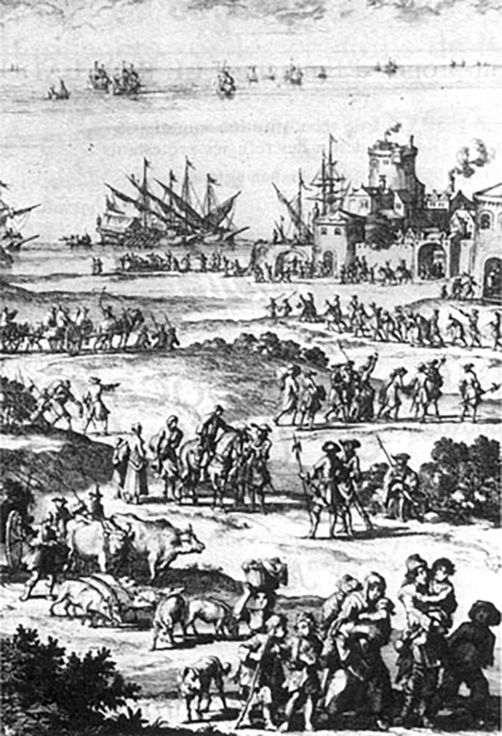 Gravure de Jan Luyken « La fuite des réformés hors de France », 
extraite d’Elie Benoît, Histoire l’Edit de Nantes, Amsterdam, 1696, t.4.