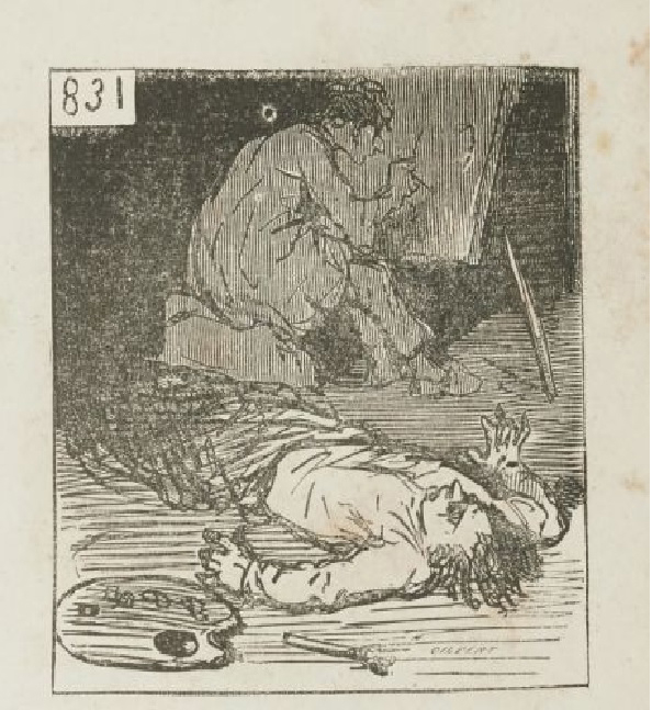 Un monsieur ayant eu l'imprudence d'entrer sans précaution dans l'atelier de Monsieur Courbet est asphyxié par sa palette". Cham (1818-1879). Planche n° 831 de la revue du Salon de 1853.  Gallica : https://gallica.bnf.fr/ark:/12148/btv1b10467853g