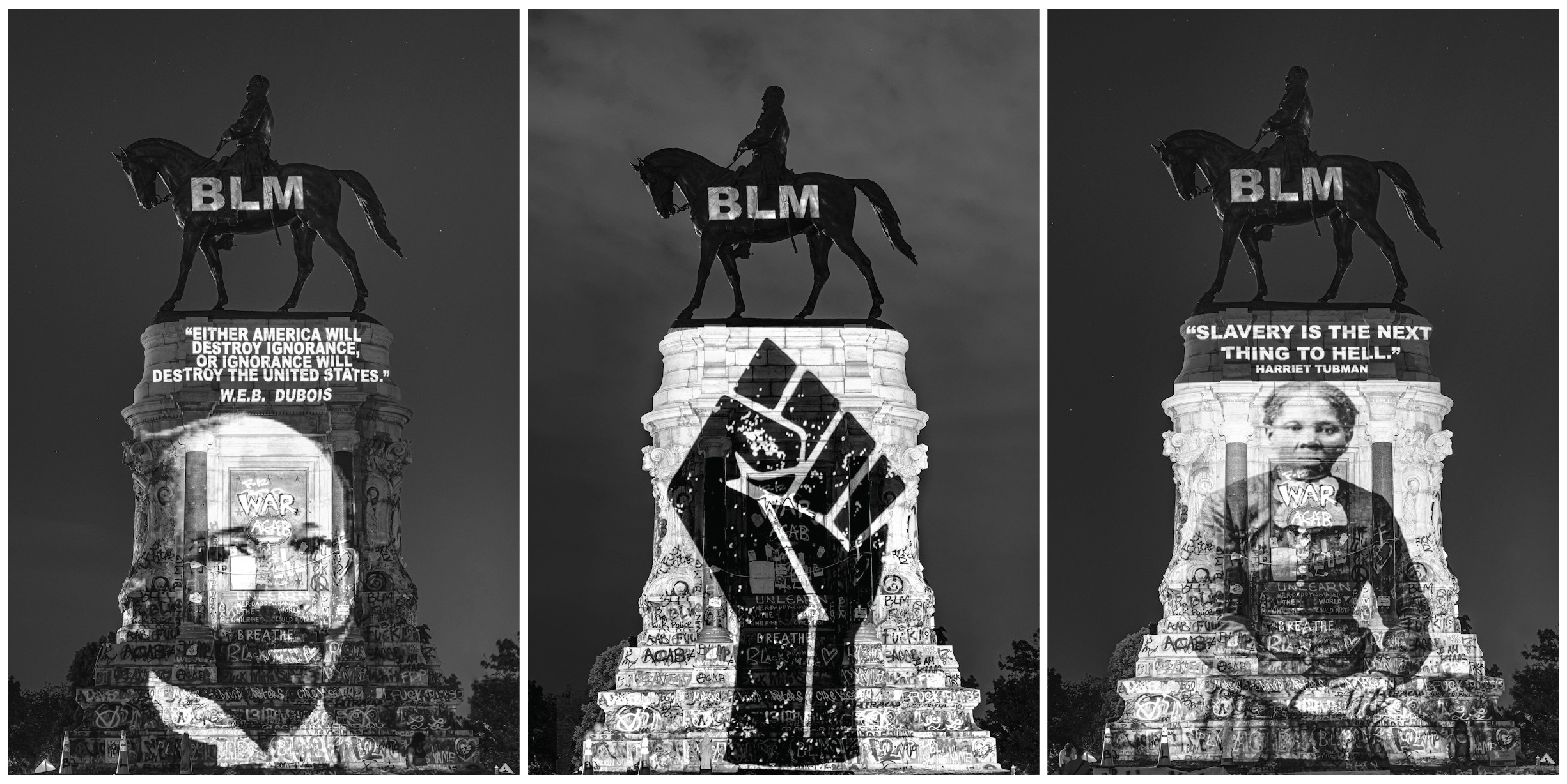 In summer 2020, artists Dustin Klein and Alex Criqui projected images of Black lament and empowerment onto the Robert E. Lee Monument at Marcus-David Peters Circle in Richmond, Virginia, part of their Reclaiming the Monument project. Read more at bottom of post. https://www.reclaimingthemonument.com/gallery-copy