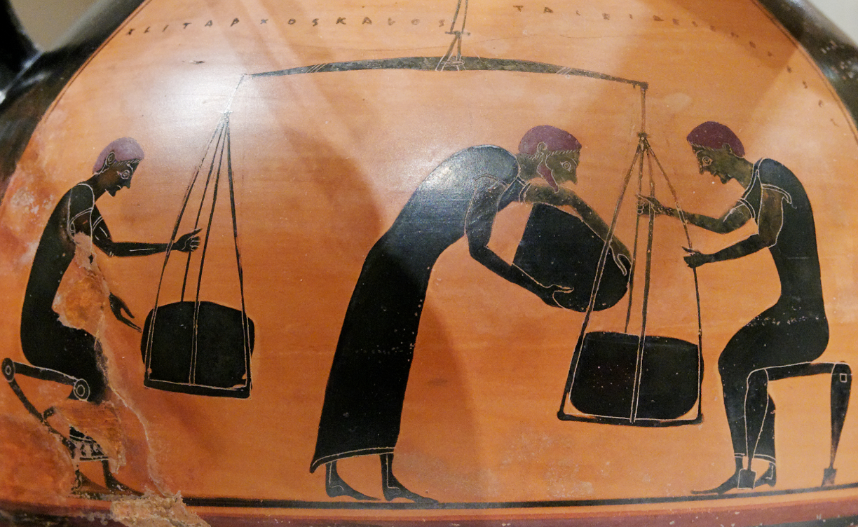Pesée de marchandises, amphore du Peintre de Taléidès, 540-530 av. J.-C., Metropolitan Museum of Art.